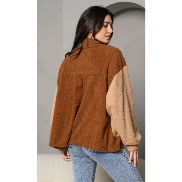 Peach Love Teddy Jacket Color block Chestnut brown taupe small - Picture 4 of 10